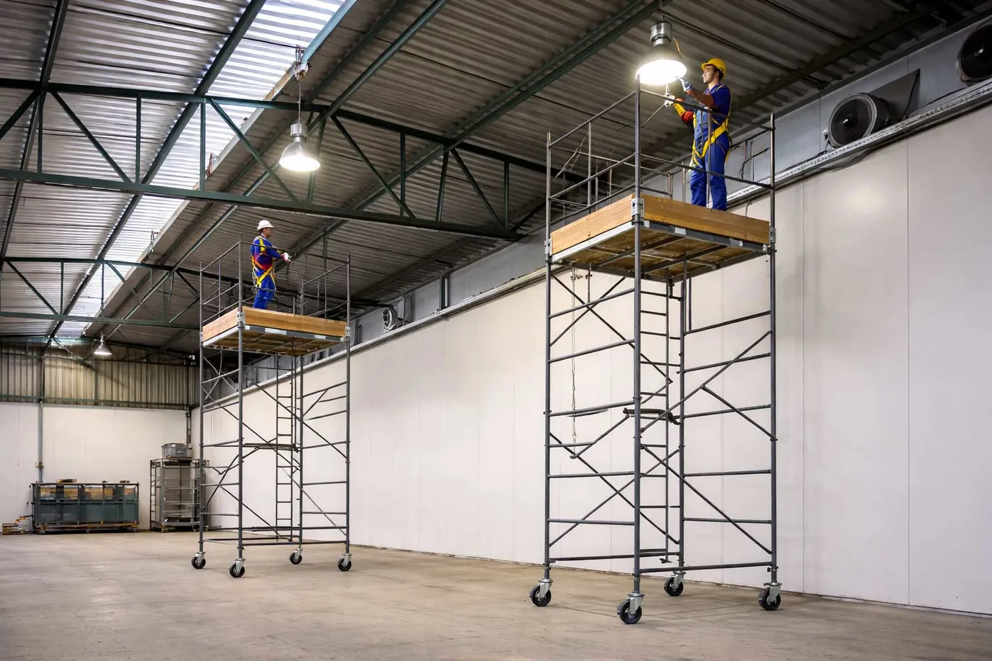 Andaime tubular montado com acessórios em obra